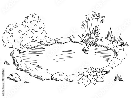 Pond graphic black white landscape sketch illustration vector