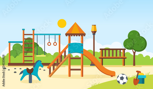 Kids playground, horizontal bars, swings, walking park, children's toys. photo