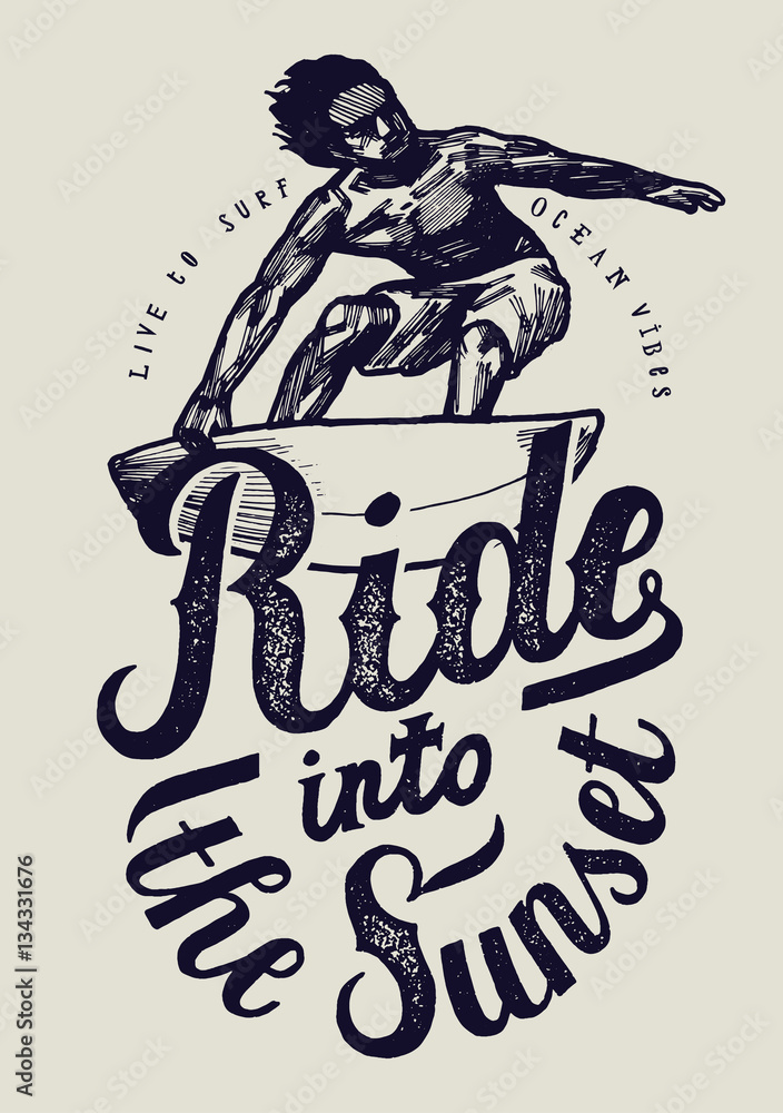 ride into the sunset surfing print with surfer drawing.