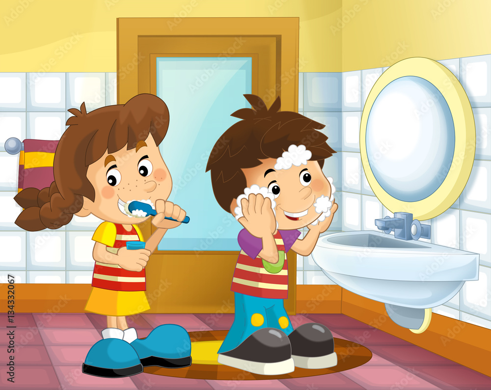 Cartoon kids in the bathroom - boy and girl - washing face and brushing  teeth - illustration for children Stock Illustration | Adobe Stock