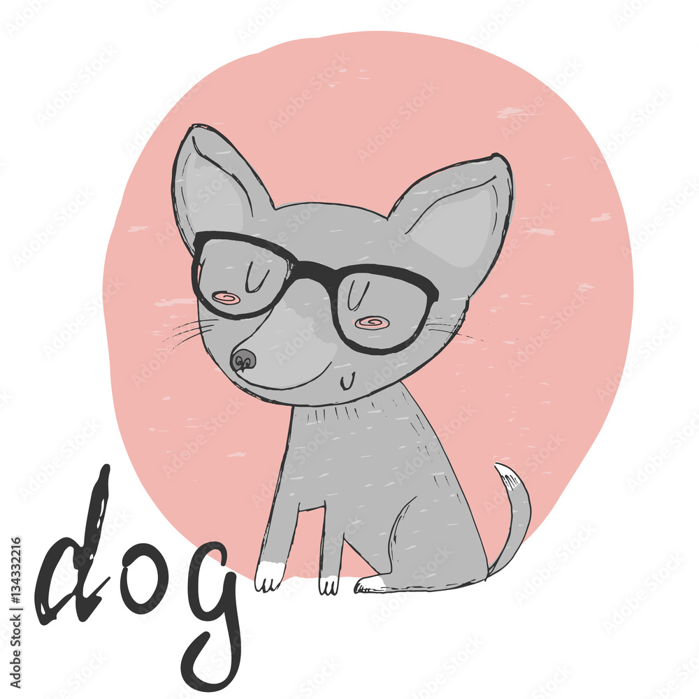 Fototapeta premium Small, cute puppy spectacled sketch doodle. Vector illustration.