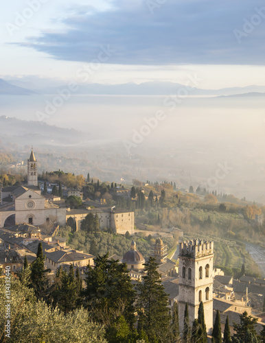 Assisi (Umbria), UNESCO world heritage site scenic panorama at sunset, golden hour.