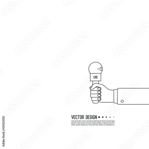 Journalism concept. Live news template with microphone. Symbol breaking news on TV radio. Journalist holding mic. interview, reporter, press, interviewer, media, paparazzi. Vector Linear design