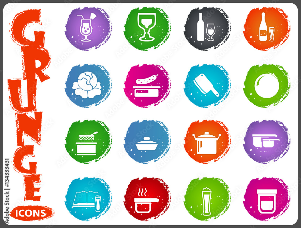 Food and kitchen icons set in grunge style Food and kitchen icons set in grunge style