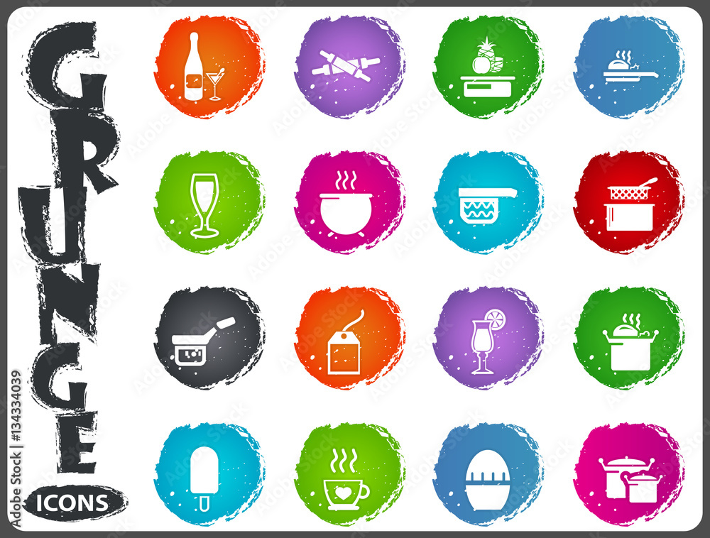 Food and kitchen icons set in grunge style Food and kitchen icons set in grunge style
