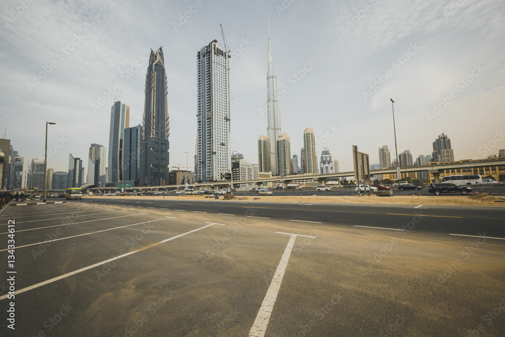 Dubai skyline with Burj Khaleefa the tallest building over the horizon, United Arab Emirates, Middle East.