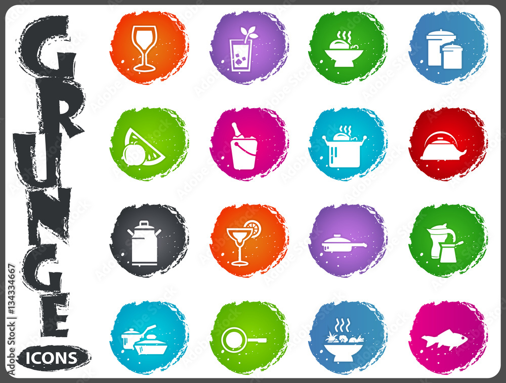 Food and kitchen icons set in grunge style Food and kitchen icons set in grunge style