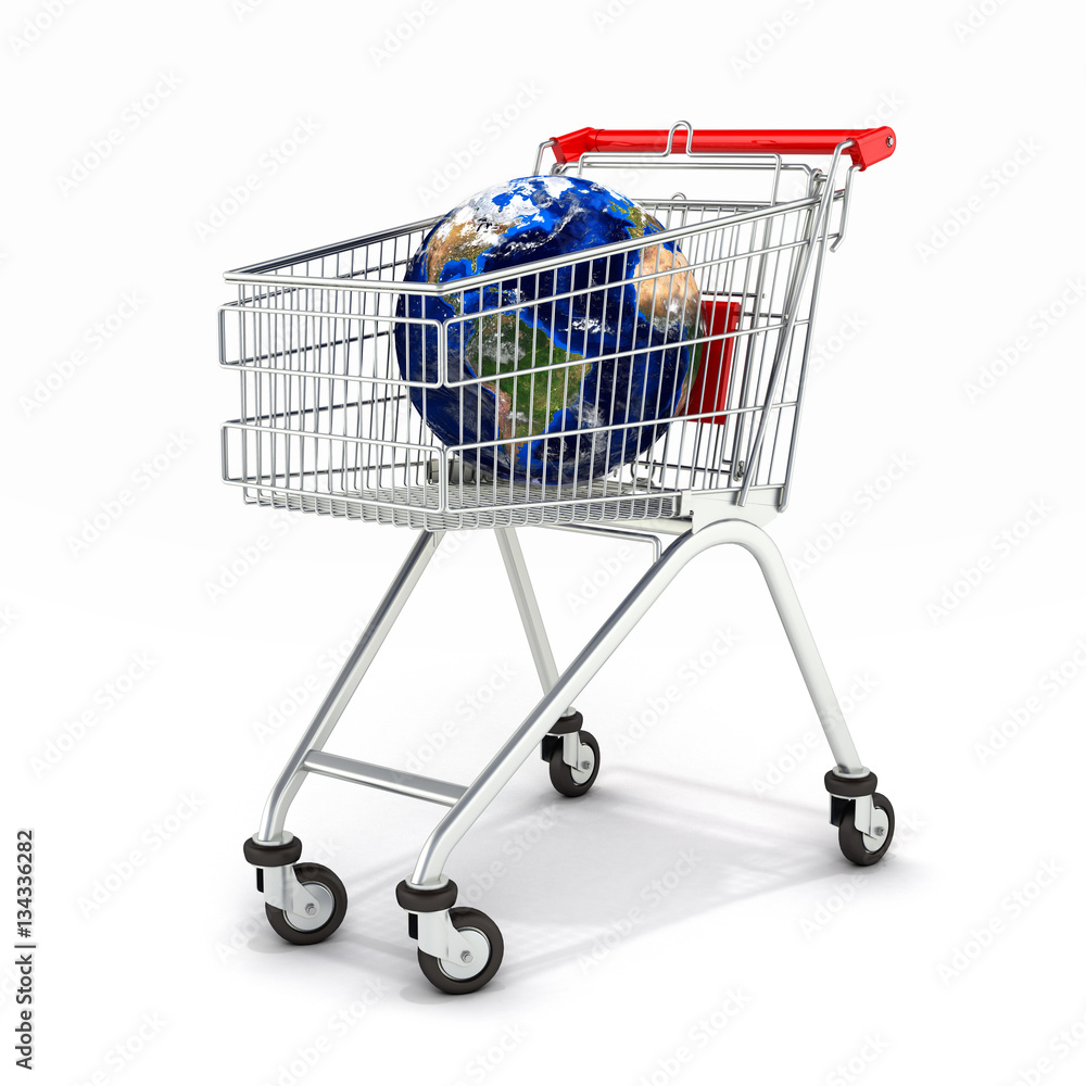 Shopping trolley globe concept supermarket shopping cart with gl Shopping trolley globe concept supermarket shopping cart with gl
