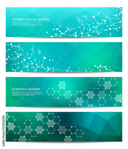 Set of modern scientific banners. Molecule structure DNA and neurons. Abstract background. Medicine, science, technology, business, website templates. Scalable vector graphics.