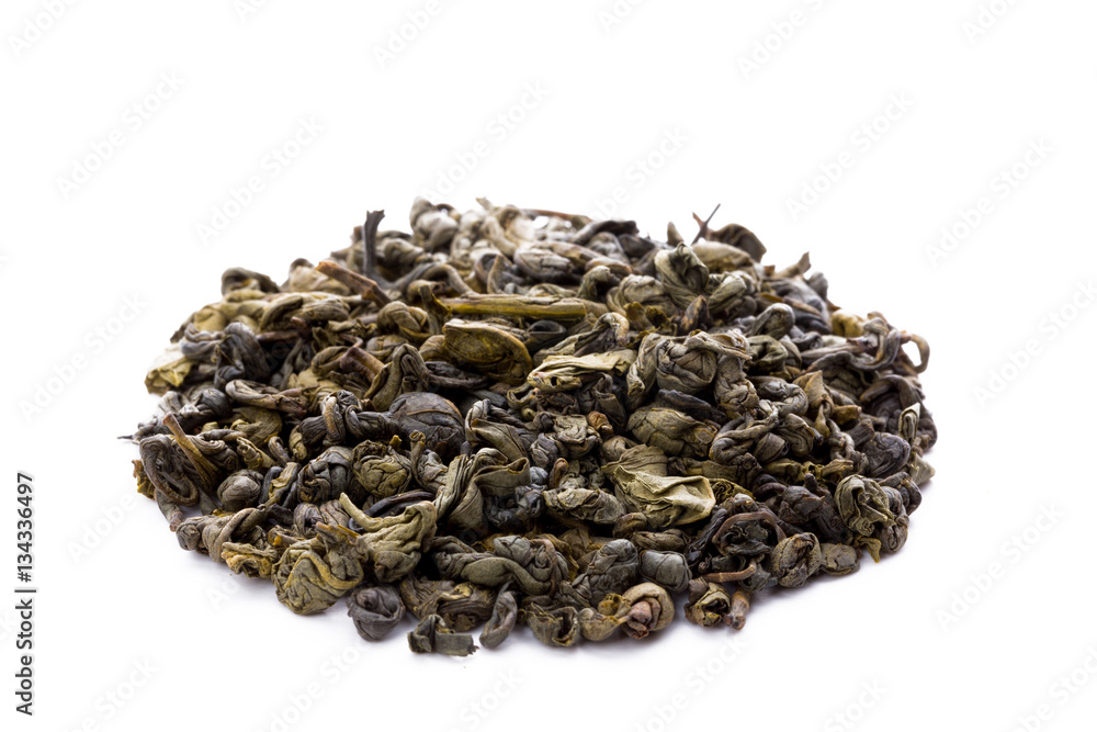 Leaves of green chinese gunpowder tea isolated on white backgrou Leaves of green chinese gunpowder tea isolated on white backgrou
