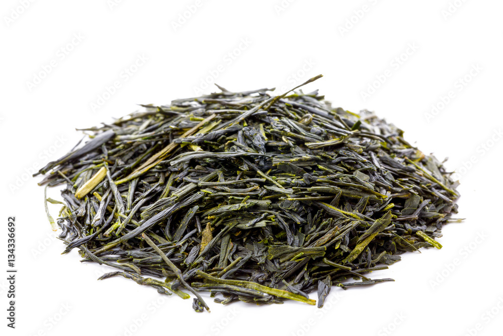 Leaves of green japanese sencha tea isolated on white background Leaves of green japanese sencha tea isolated on white background