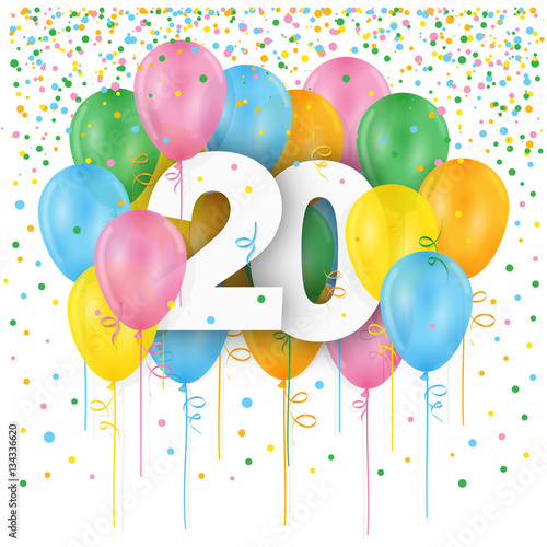 HAPPY 20th BIRTHDAY / ANNIVERSARY card with bunch of multicoloured balloons