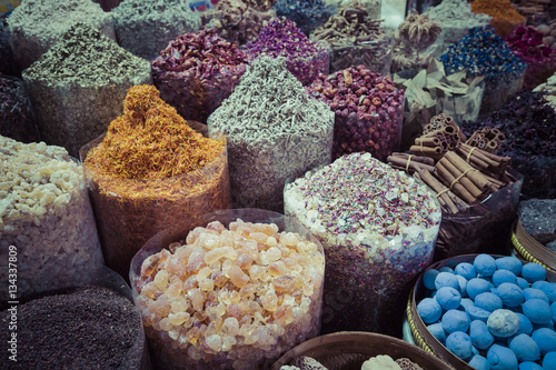 Dried herbs, flowers and arabic spices in the souk at Deira in D