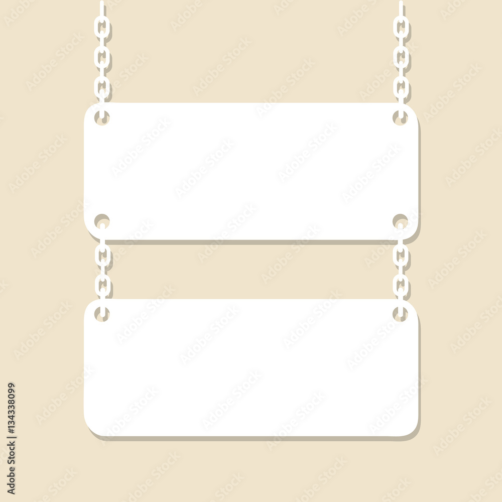 Blank signboard hanging on chain. Paper cutout. Vector illustrat Blank signboard hanging on chain. Paper cutout. Vector illustrat
