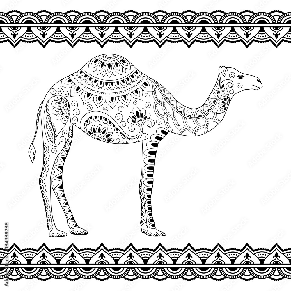 Doodle stylized camel and seamless borders for design and application of  henna. Sketch for coloring book, poster, print, or tattoo. Hand Drawn  vector illustration doodle animal. Stock Vector | Adobe Stock