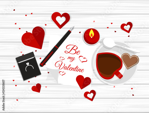 Vector Top View of Valentine's Day Elements on Desktop