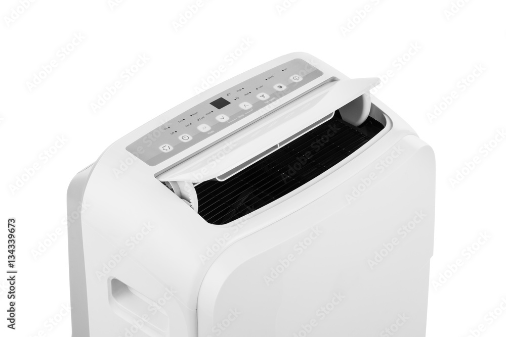 Studio closeup product shot of a portable air conditioner or mobile dehumidifier isolated on white background with copy space. Climate control equipment Studio closeup product shot of a portable air conditioner or mobile dehumidifier isolated on white background with copy space. Climate control equipment