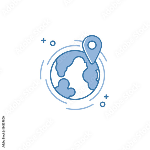 Vector illustration of flat line earth with map pin icon. Graphic design concept of navigation. Use in Web Project and Applications. Blue outline isolated object.