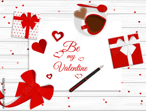 Vector Top View of Valentine's Day Elements on Desktop
