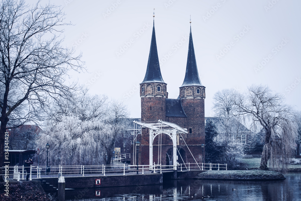 delft winter canal and gate