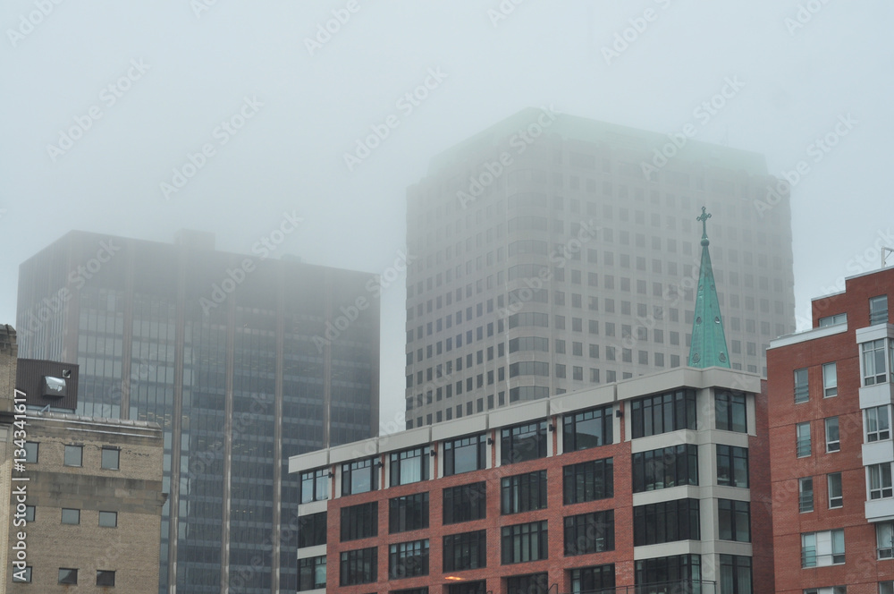Buildings in fog 