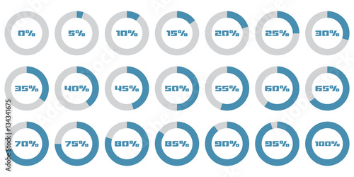 Set of circle percentage diagrams for infographics, 0 5 10 15 20 25 30 35 40 45 50 55 60 65 70 75 80 85 90 95 100 percent