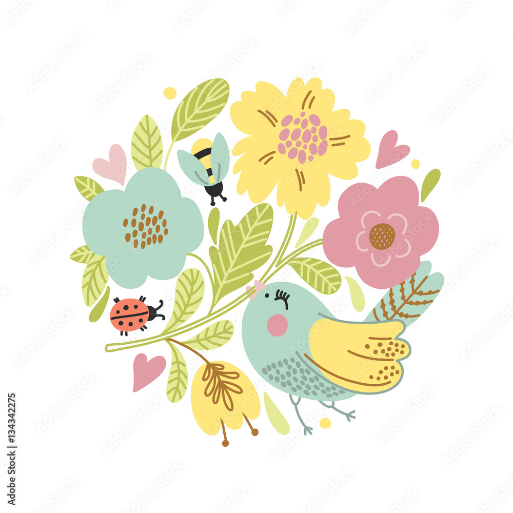 Cartoon vector card with cute bird