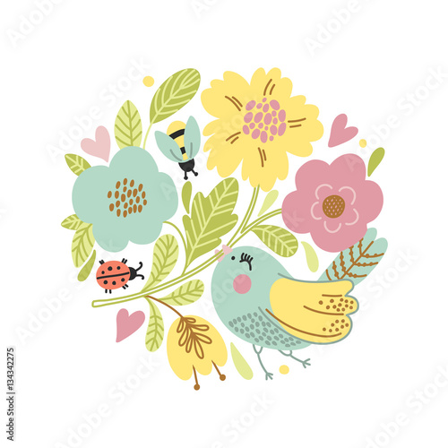 Cartoon vector card with cute bird