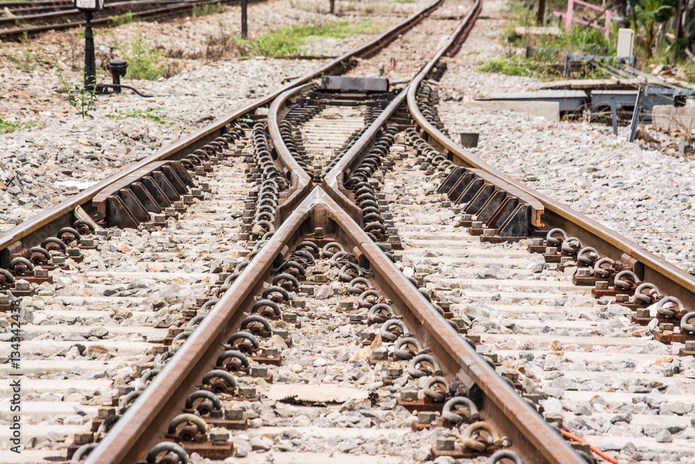 Obraz premium The track on a railway or railroad is the structure consisting of the rails, fasteners, railroad ties and ballast, plus the underlying subgrade.