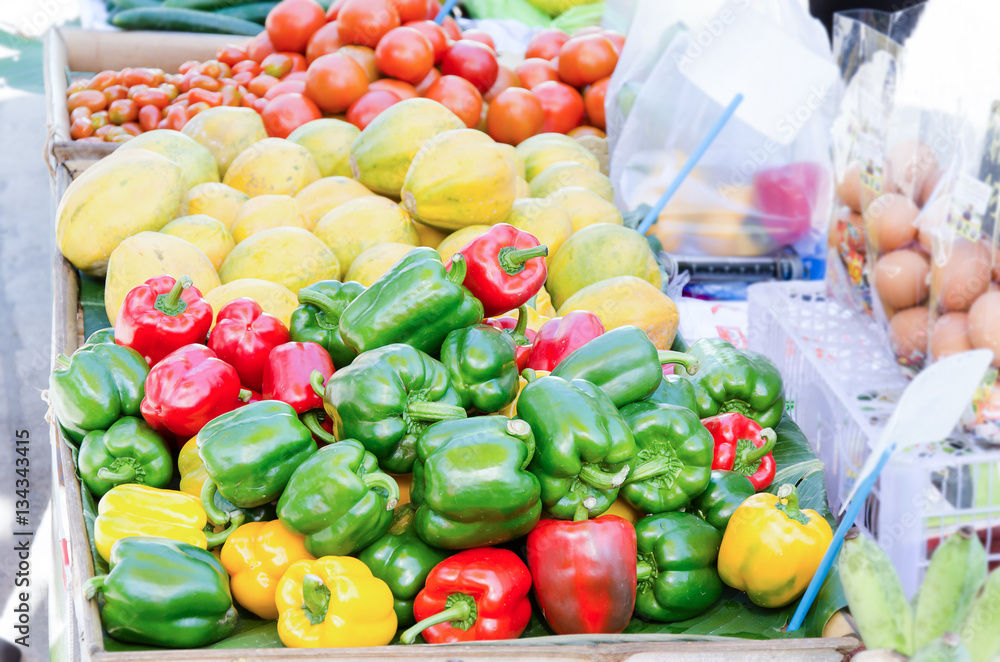 Bell peppers and vegetables for sale in organic market