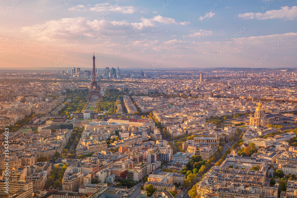 City of Paris. Aerial image of Paris, France during golden sunset hour.