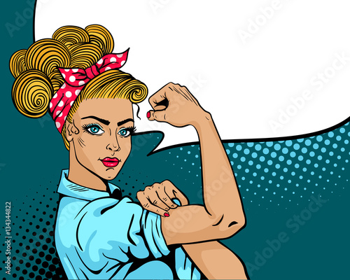 Pop art sexy strong woman. Classical american symbol of female power, woman rights, protest, feminism. Vector colorful hand drawn background in retro comic style. We Can Do It poster.