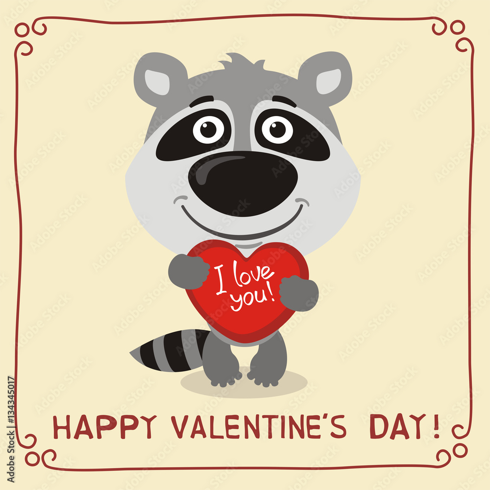 Happy Valentine's Day! I Love You! Funny raccoon with heart in hands. Valentines  day card with raccoon in cartoon style. Stock Vector | Adobe Stock