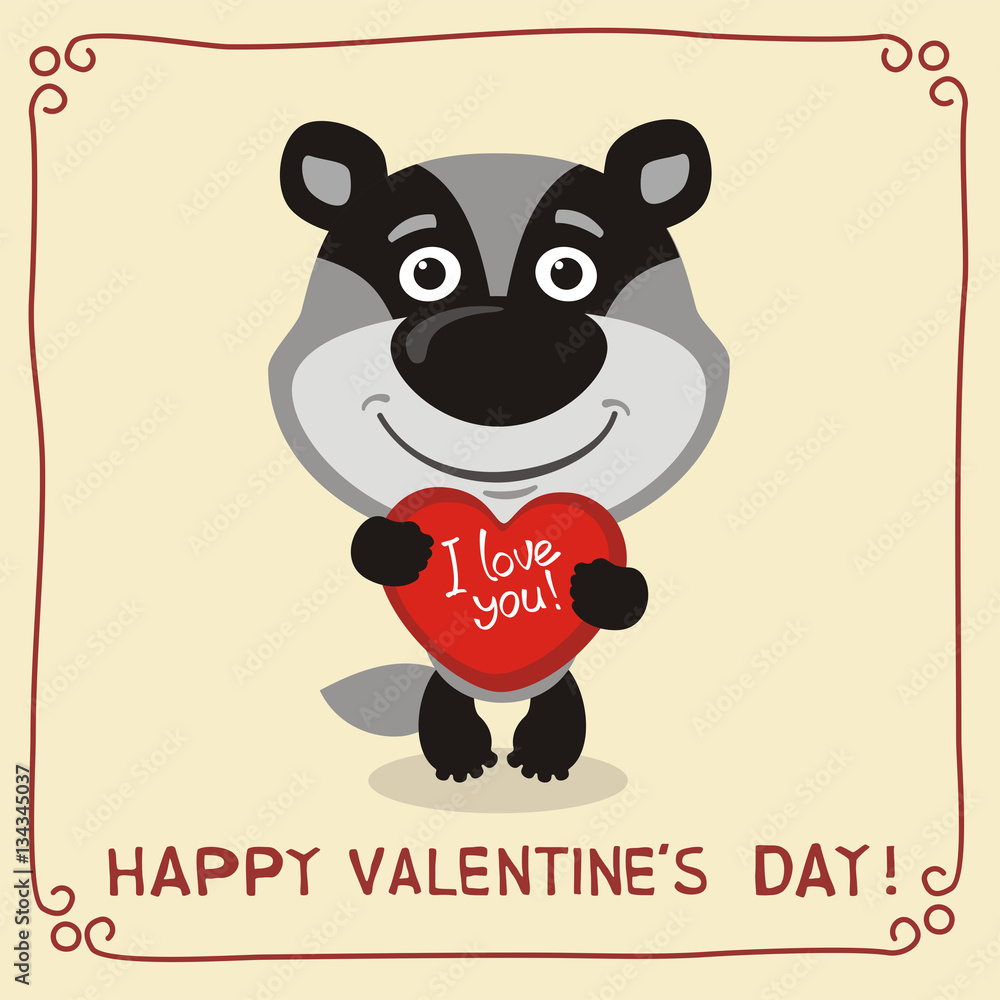 Happy Valentine's Day! I Love You! Funny badger with heart in hands. Valentines  day card with badger in cartoon style. Stock Vector | Adobe Stock