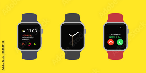 Smart Watch Icons Set. Smartwatches displaying various information in three different color isolated on yellow background. Modern flat vector illustration.