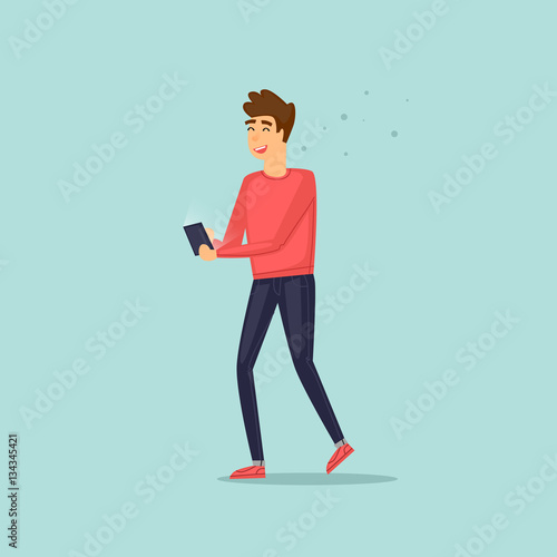 Young guy and his mobile devices. Gadgets. Flat vector illustration in cartoon style.
