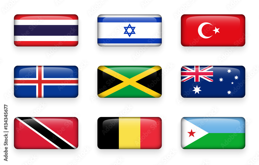 Set of world flags rectangle buttons ( Thailand . Israel . Turkey . Iceland . Jamaica . Australia . Trinidad and tobago . Belgium . Djibouti ) Set of world flags rectangle buttons ( Thailand . Israel . Turkey . Iceland . Jamaica . Australia . Trinidad and tobago . Belgium . Djibouti )