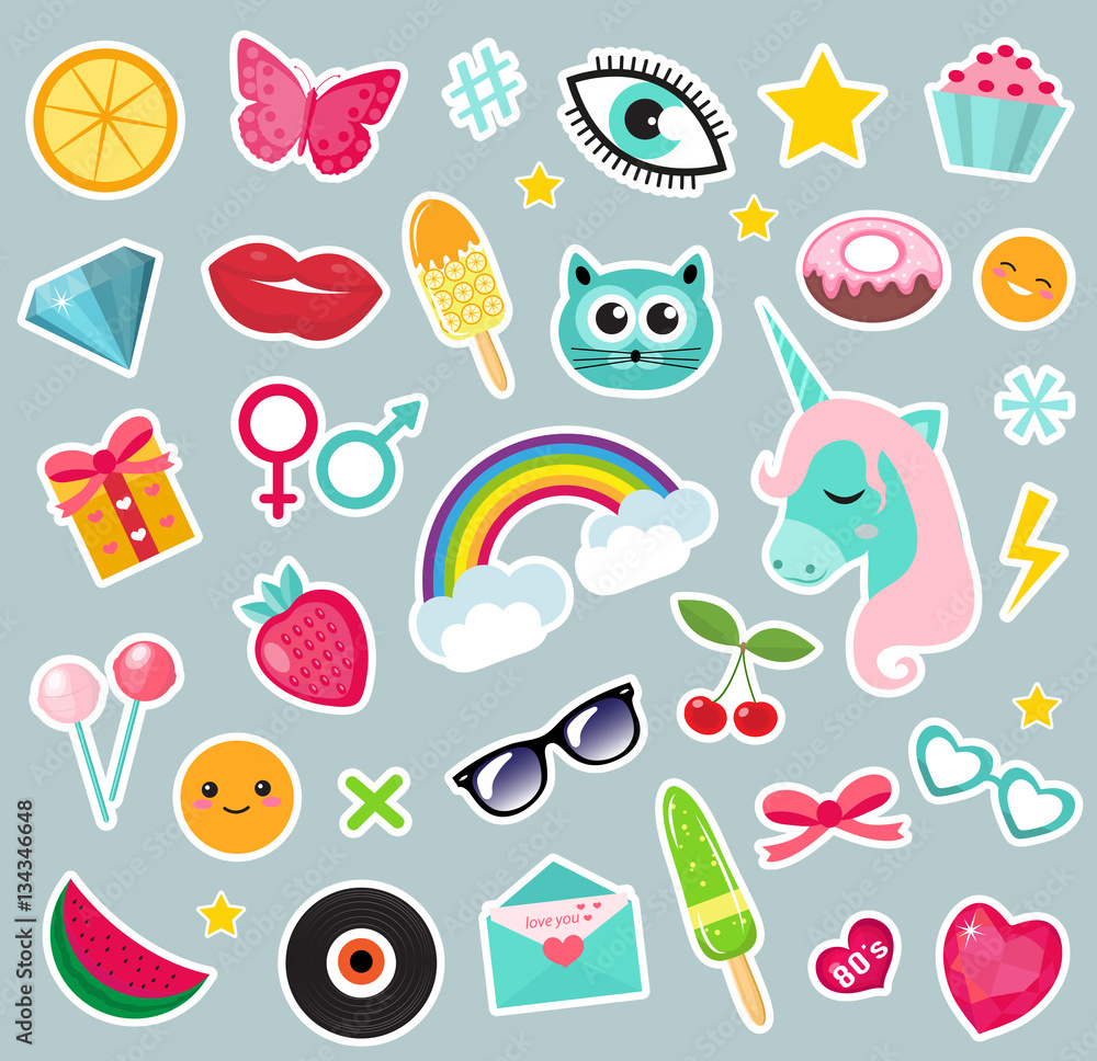 Fashion set of patches 80s comic style. Pins, badges and stickers Collection cartoon pop art with a unicorn, rainbow, lips, emoji. Vector illustration
