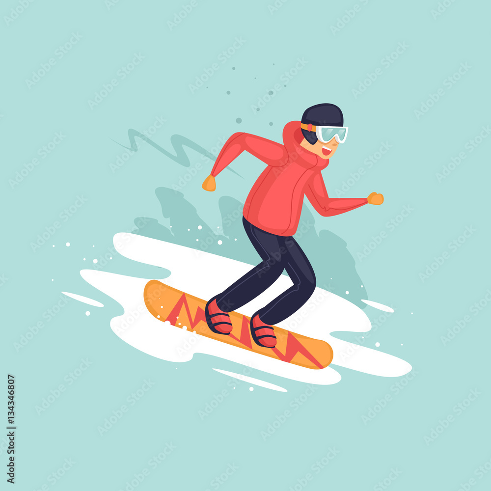 Young man riding a snowboard on snow, winter. Flat vector illustration in cartoon style.