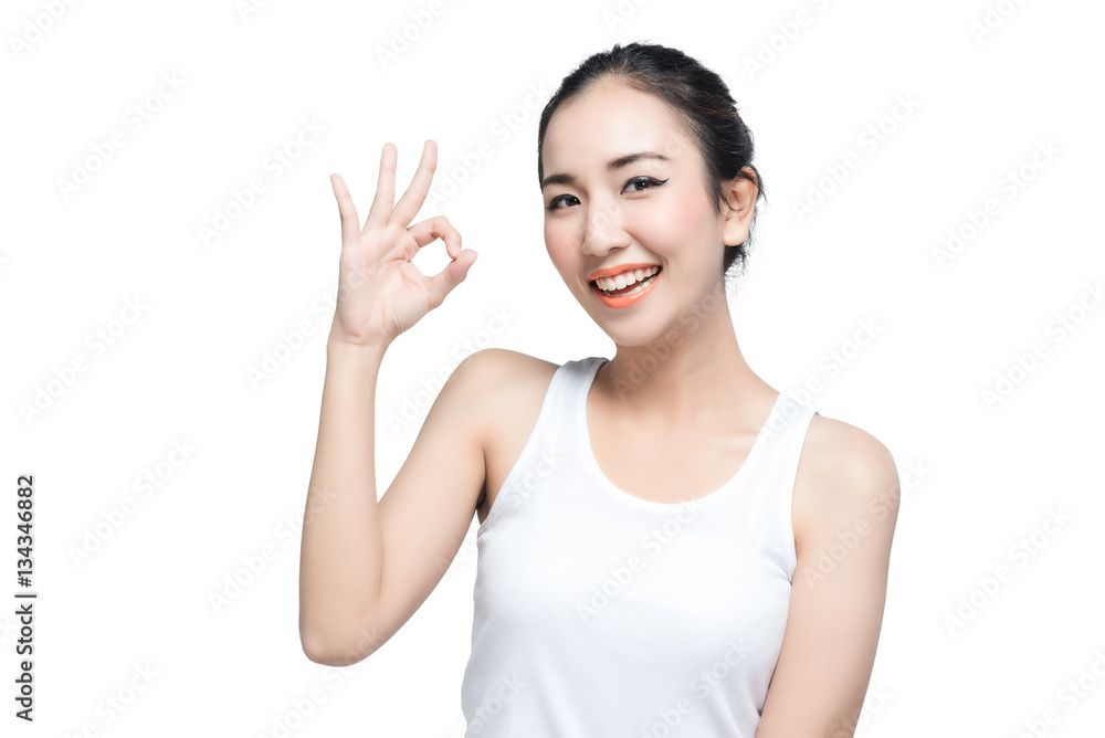 Happy asian young woman beautiful smile with ok gesture isolated on white background Happy asian young woman beautiful smile with ok gesture isolated on white background