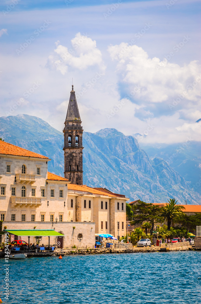 Fototapeta premium Beautiful mediterranean landscape - town Perast, near town Perast, Kotor bay (Boka Kotorska), Montenegro, Europe