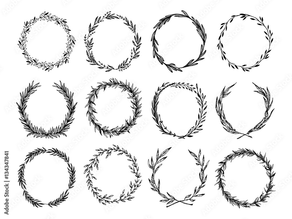Hand sketched vector vintage elements ( laurels, frames, leaves, flowers, swirls and feathers). Wild and free. Perfect for invitations, greeting cards, quotes, blogs, Wedding Frames, posters and more 