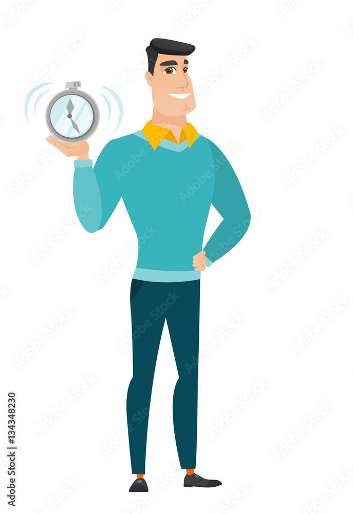 Caucasian business man holding alarm clock.