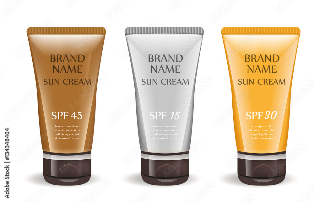 Sunscreen cream realistic package set, isolated on white background. 3d tube, bottle mock-up for brand template. Vector illustration Sunscreen cream realistic package set, isolated on white background. 3d tube, bottle mock-up for brand template. Vector illustration