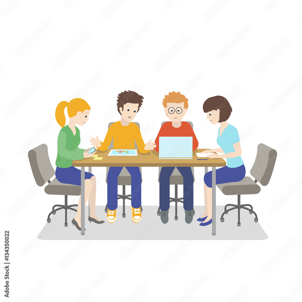 Team working. Young people talking together Startup IT company. Strategy planning business meeting. Vector illustration Team working. Young people talking together Startup IT company. Strategy planning business meeting. Vector illustration