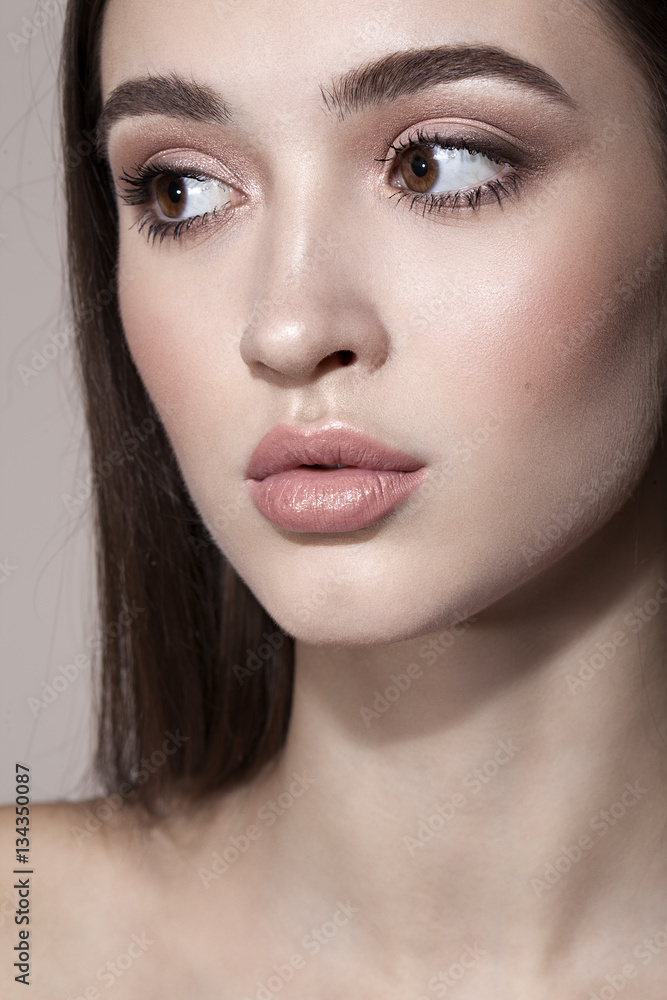 pretty brunette girl beauty portrait beige chubby lips pretty brunette girl beauty portrait beige chubby lips