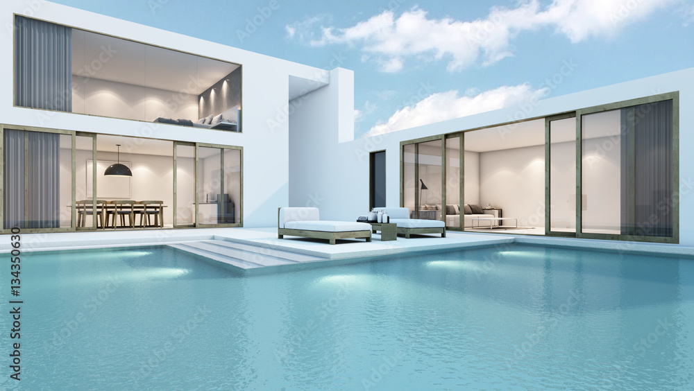 House with pool design minimal - 3D render - obrazy, fototapety, plakaty 