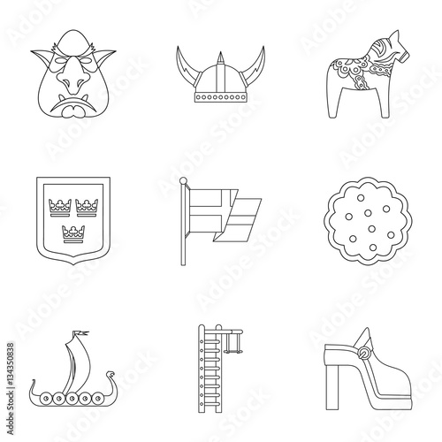 Country Sweden icons set, outline style