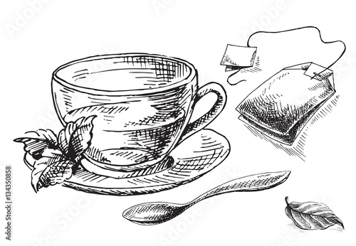 Cup of tea and mint and tea bag in graphic style, hand-drawn vector illustration.