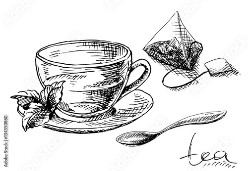 Cup of tea and mint and tea bag in graphic style, hand-drawn vector illustration.